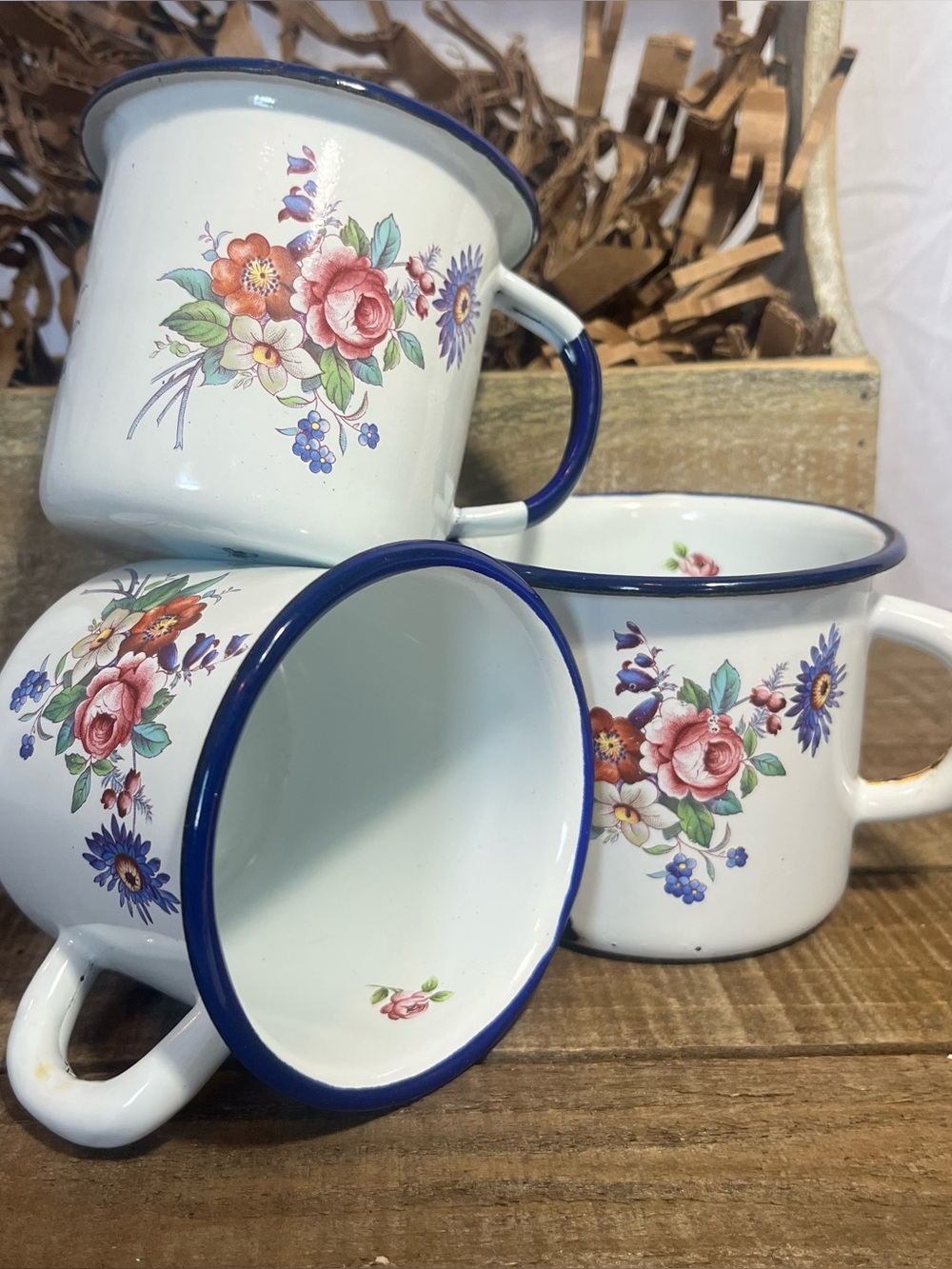 3 Vtg Robert Steffy Louise Enamelware Mugs Cups 1988 Floral Fly Pattern